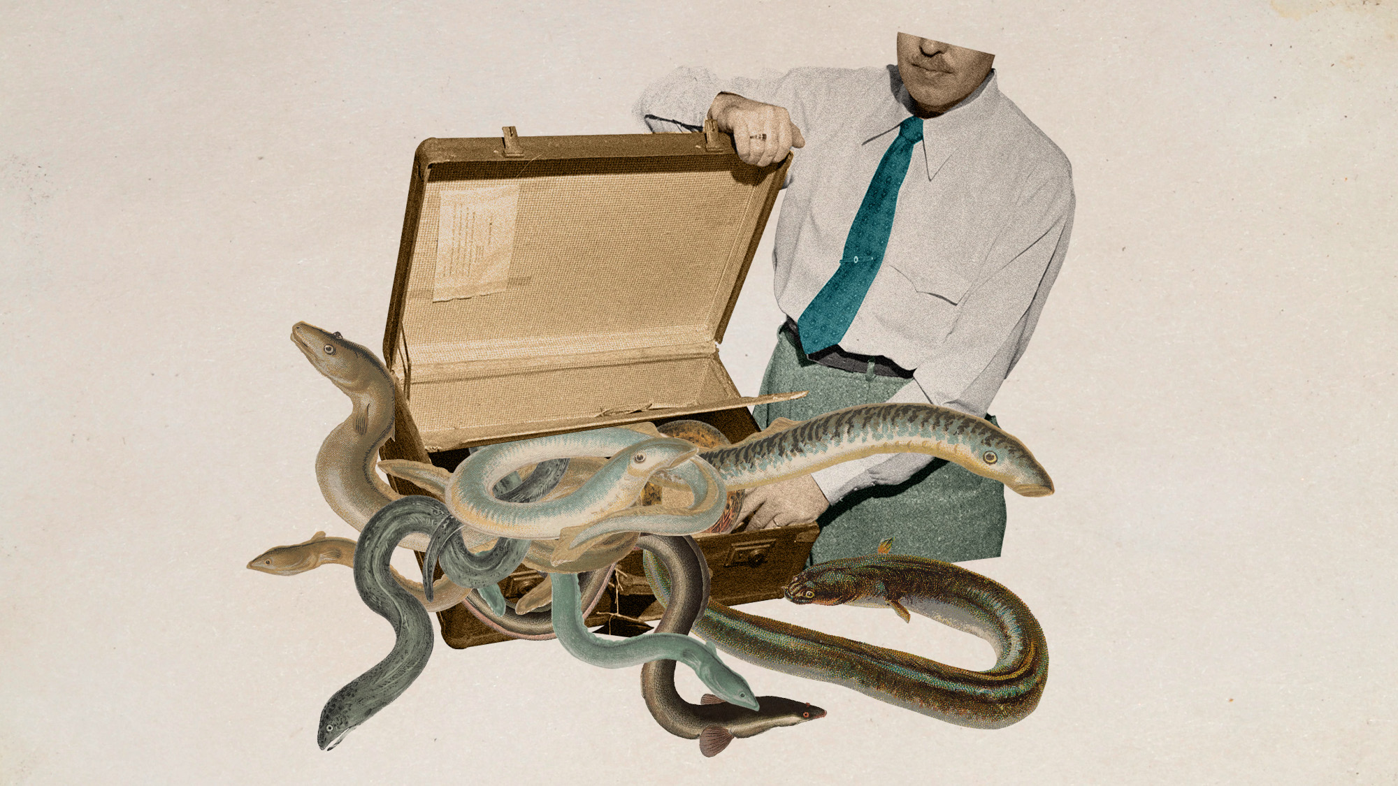 A photo collage of a man with a vintage double-bottomed smuggler's suitcase, with eels spilling out of it.
