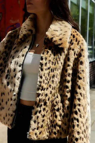 Silence + Noise Leopard Print Faux Fur Coat