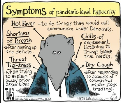 Political Cartoon U.S. GOP symptom diagnosis pandemic hypocrisy fever throat tightness