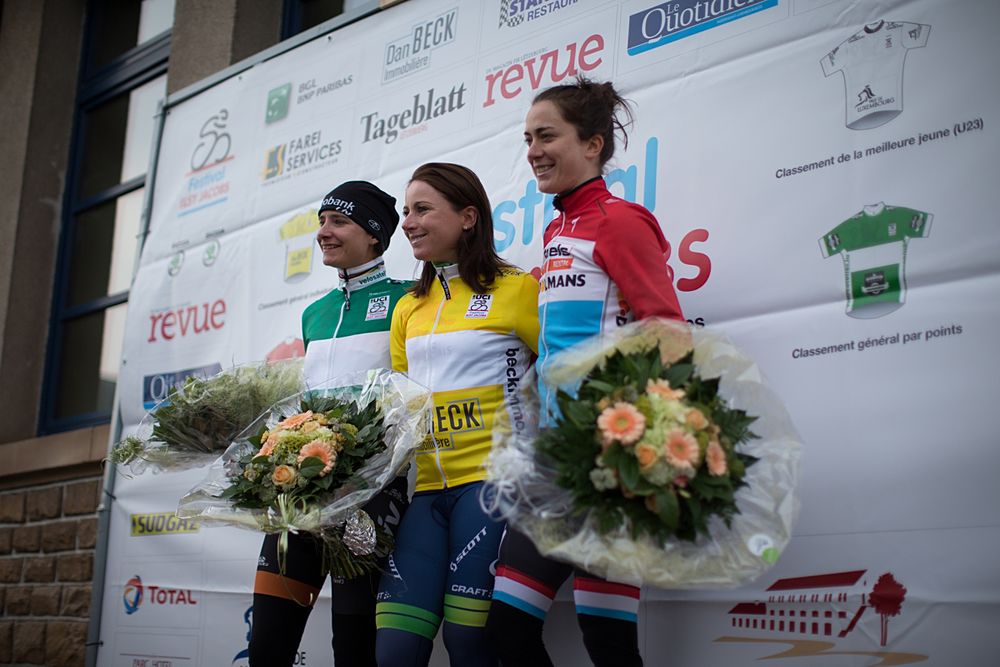 Marianne Vos (NED) of Rabo-Liv Cycling Team, Annemiek van Vleuten (NED) of Orica-AIS Cycling Team and Christine Majerus (LUX) of boel stand on the podium of the 2.8km time trial prologue of Elsy Jacobs