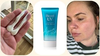 Images showing texture, product packaging and Lucy wearing Bioré UV Aqua Rich Watery Essence SPF 50