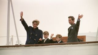 Princess Diana, Princess of Wales, The Prince of Wales, Prince Charles, Prince William and Prince Harry Wave Farewell To Toronto From The Royal Yacht Britannia as they leave Canada after their week long tour. Picture taken 28th October 1991.