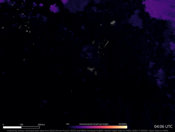 A color-coded map of the Hunga Tonga volcanic eruption height, created by fusing data from three weather satellites.
