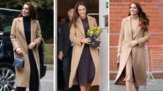 Composite of two pictures of Catherine, Princess of Wales wearing the same camel coat during a visit to the the Oxford House Nursing Home on February 21, 2023, during a visit to the Reading Ukrainian Community Centre in 2022 and during a visit to Scarborough in 2022