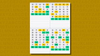 Quordle daily sequence answers for game 761 on a yellow background