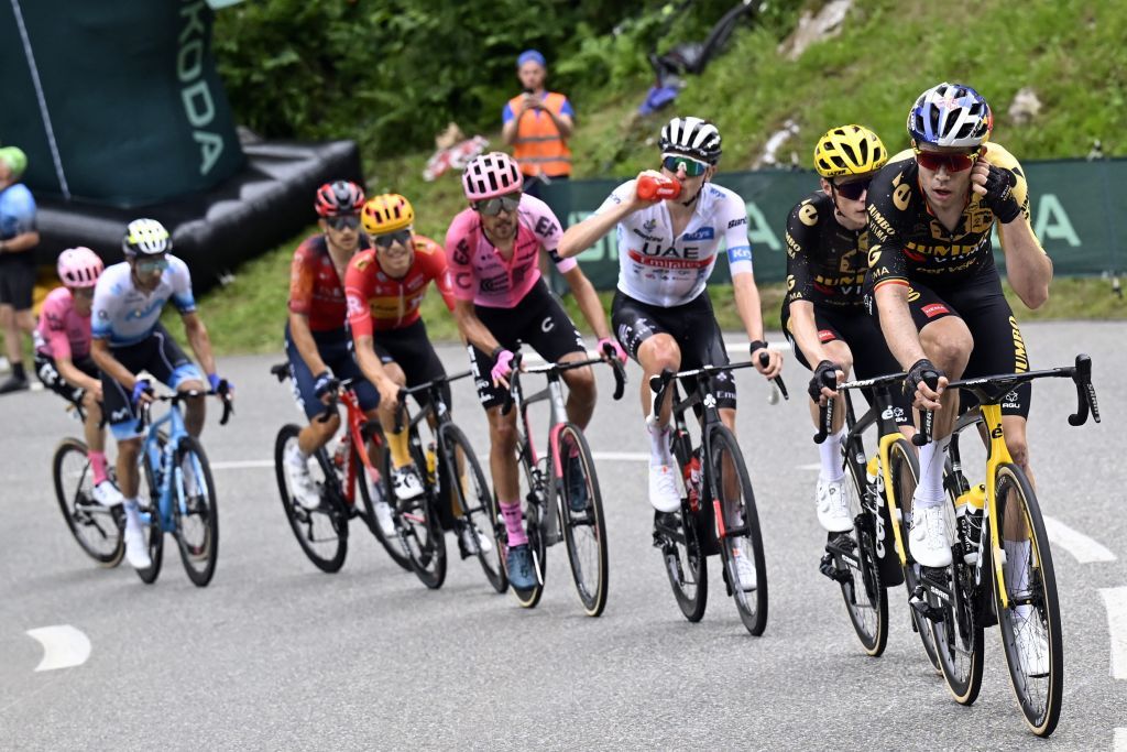 Belgian Wout Van Aert of JumboVisma Danish Jonas Vingegaard of JumboVisma Slovenian Tadej Pogacar of UAE Team Emirates Portuguese Ruben Almeida Guerreiro of Movistar Team US Neilson Powless of EF EducationEasyPost British James Shaw of EF EducationEasyPost Polish Michal Kwiatkowski of Ineos Grenadiers and Norwegian Tobias Halland Johannessen of UnoX Pro Cycling Team pictured in action during stage 6 of the Tour de France cycling race a 1449 km race from Tarbes to CauteretsCambasque France Thursday 06 July 2023 This years Tour de France takes place from 01 to 23 July 2023 BELGA PHOTO DIRK WAEM Photo by DIRK WAEM BELGA MAG Belga via AFP Photo by DIRK WAEMBELGA MAGAFP via Getty Images