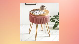 A picture of a pink storage ottoman