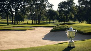 A view of the Wanamaker trophy from the 13th hole at Southern Hills Country Club