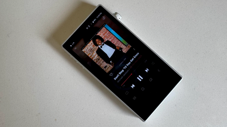 Astell & Kern's PD5 player on a gray table, showing details of the player 