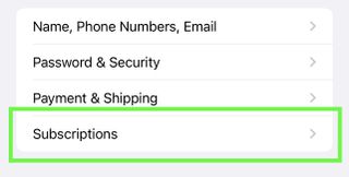 A green box highlights Subscriptions in Apple ID User Profile