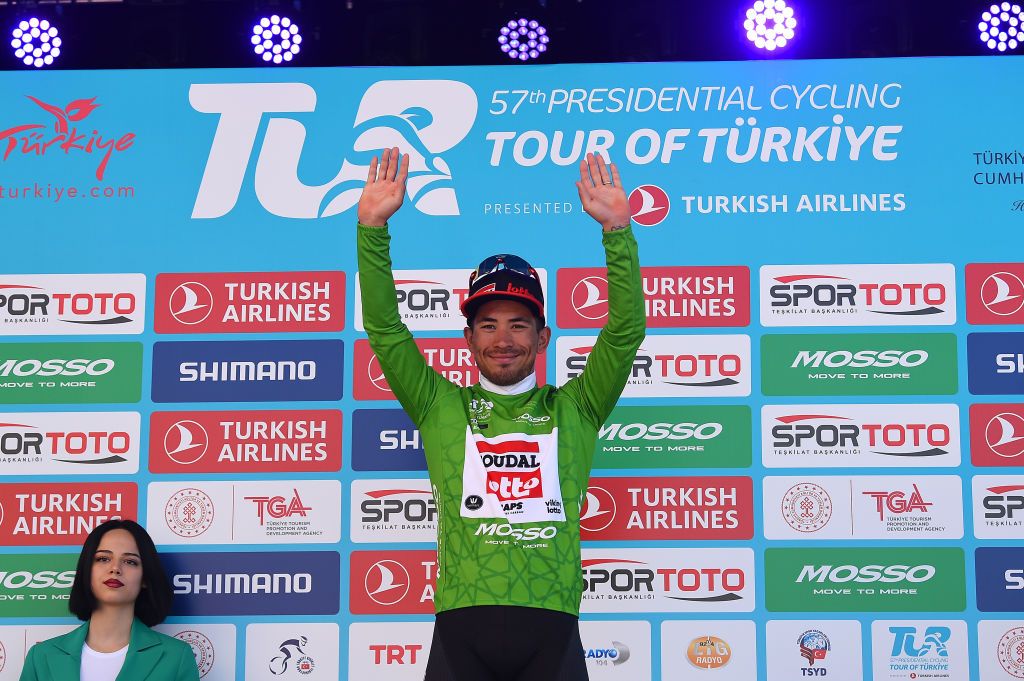KUSADASI TURKEY APRIL 10 Caleb Ewan of Australia and Team Lotto Soudal celebrates at podium as green sprint jersey winner during the 57th Presidential Cycling Tour Of Turkey 2021 Stage 1 a 202km stage from Bodrum to Kuadas TUR2022 on April 10 2022 in Kusadasi Turkey Photo by Dario BelingheriGetty Images