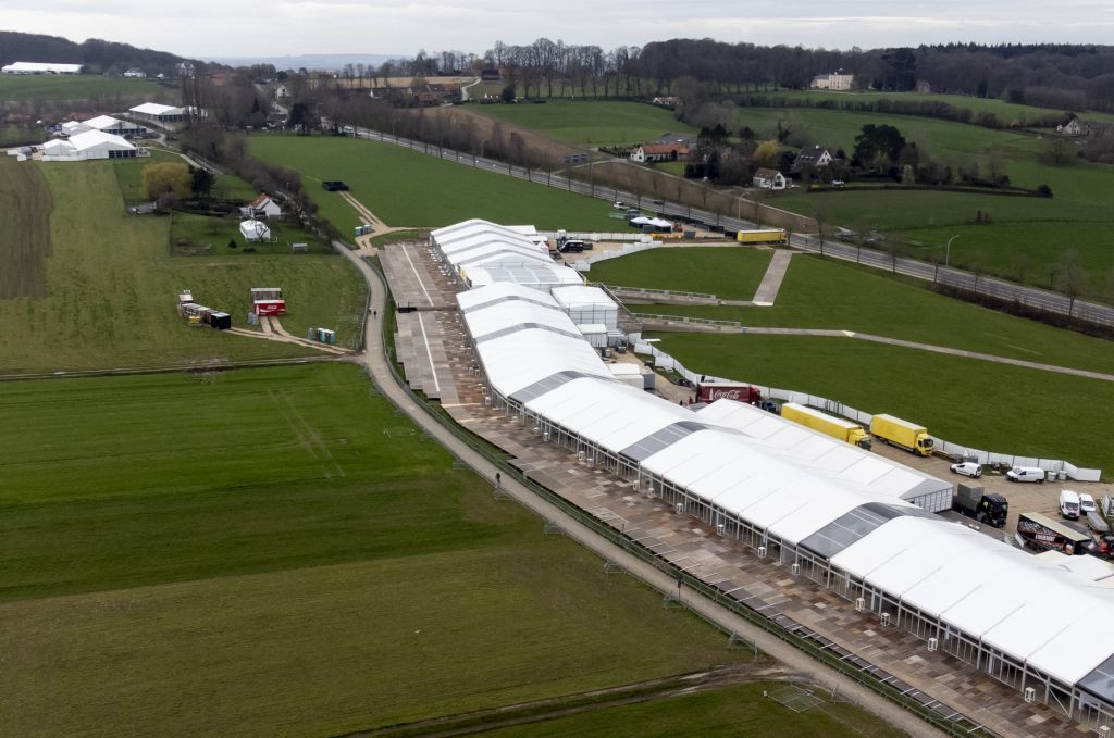 Aerial view shows VIP tents along the Kwaremont in Kluisbergen on the track of the Ronde van Vlaanderen Tour des Flandres Tour of Flanders cycling race Wednesday 29 March 2023 The 107th edition of the cycling race will take place on Sunday 02 April BELGA PHOTO DIRK WAEM Photo by DIRK WAEM BELGA MAG Belga via AFP Photo by DIRK WAEMBELGA MAGAFP via Getty Images