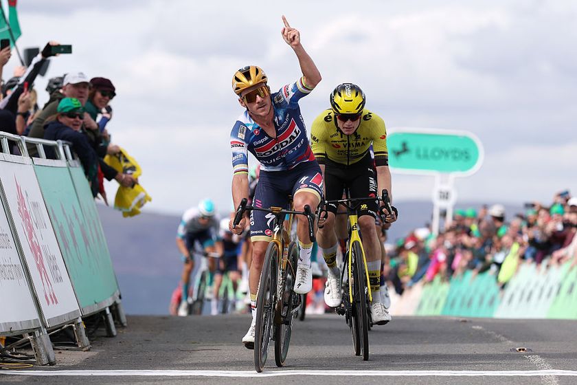 THE TUMBLE, UNITED KINGDOM - SEPTEMBER 06: (L-R) Remco Evenepoel of Belgium and Team Soudal Quick-Step celebrates at finish line as stage winner ahead of Thomas Gloag of Great Britain and Team Visma | Lease a Bike during the 21st Tour of Britain 2025, Stage 5 a 133.6km stage from Pontypool to The Tumble on September 06, 2025 in The Tumble, United Kingdom. (Photo by Alex Livesey/Getty Images)