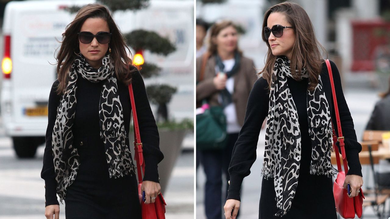 Composite of two pictures of Pippa Middleton, wearing a black knitted dress, leopard print scarf and red bag, arriving at her office in London in October 2011