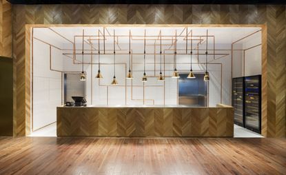 Interlacing web of copper pipes hover above the herringbone-panelled reception desk