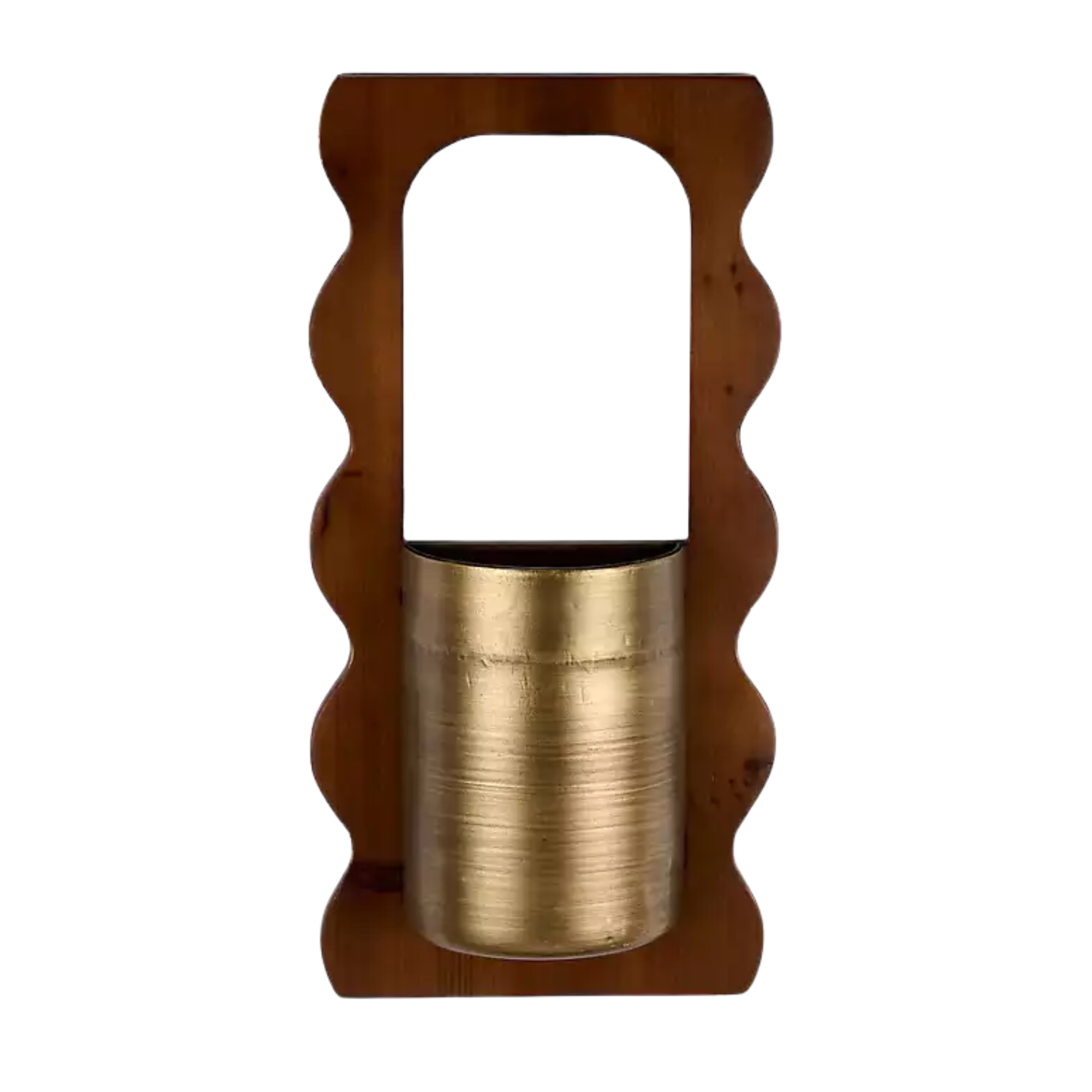 a wood and brass wall pocket