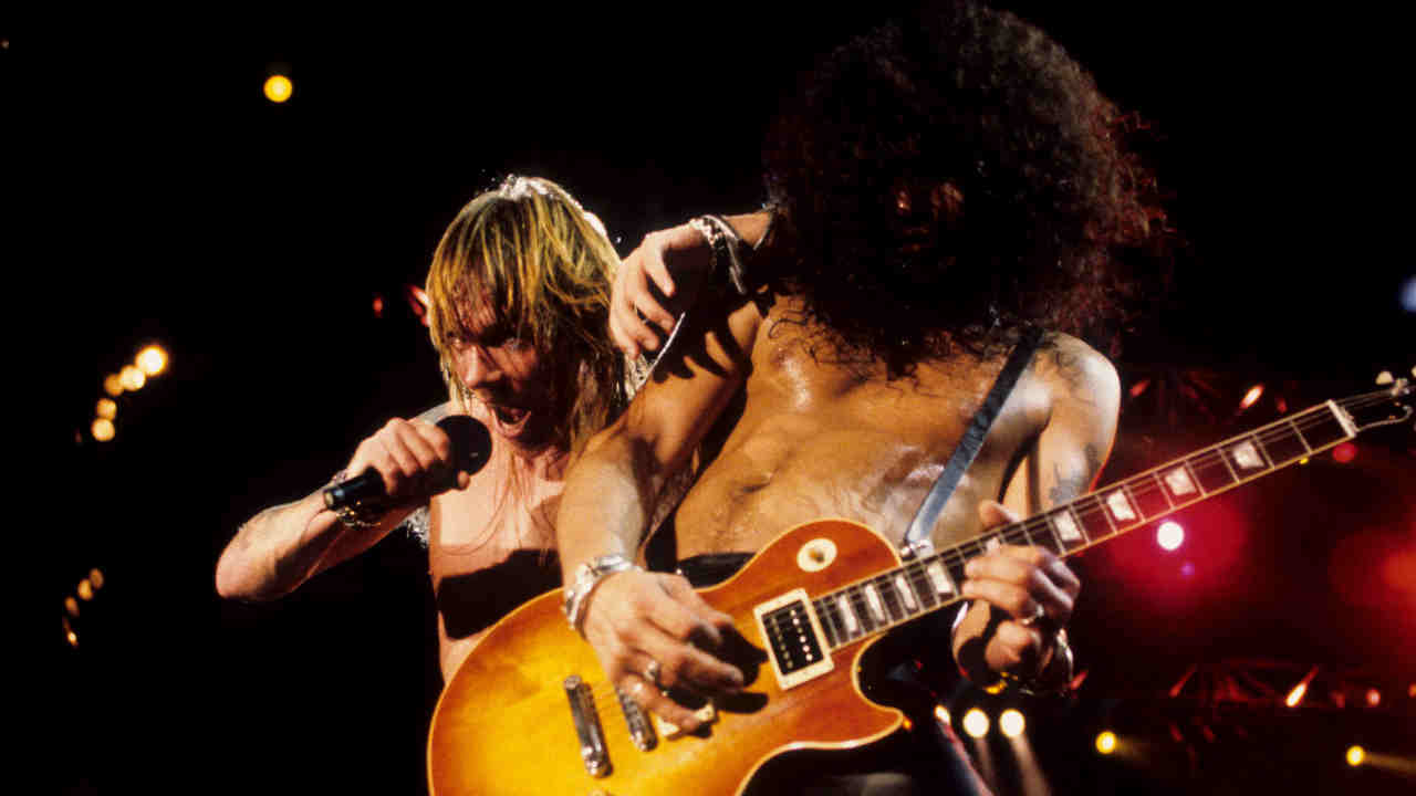 Axl Rose and Slash of Guns N&amp;rsquo; Roses performing onstage in 1991