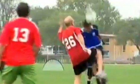 Winnipeg&amp;#039;s mayor, number 26, is seen here just moments before he accidentally kicks a kid in the face during a soccer game.