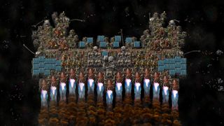 A space platform rocketing into space in Factorio: Space Age.