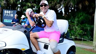 Sergio Garcia on a buggy at a LIV Golf event