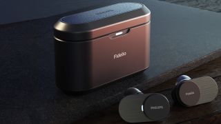 The Philips Fidelio T1 case and earbuds on display