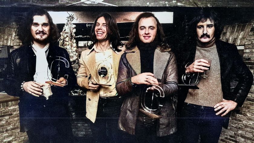 Dutch band Focus posed holding awards in Hilversum, Netherlands in 1975. Left to right: Bert Ruiter, Colin Allen, Thijs van Leer and Jan Akkerman. 