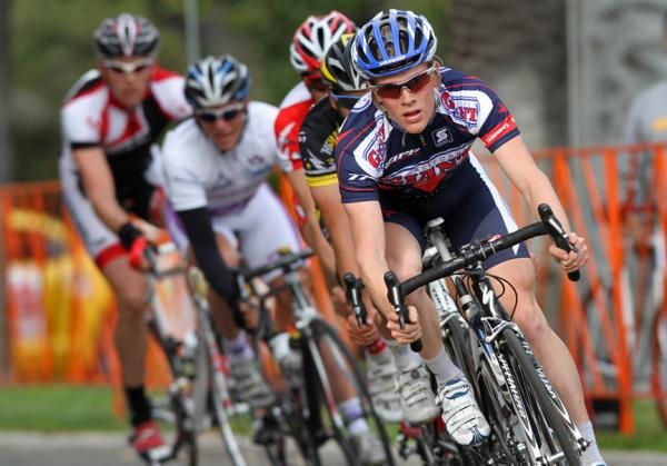 A California Giant Berry Farms rider leads the break in the men's criterium.