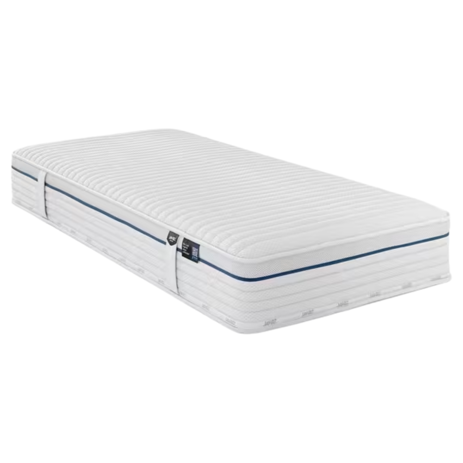 A white cooling mattress with a blue band