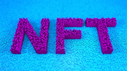 The letters NFT are spelled out in purple on a bright blue background.