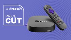 Roku Ultra on purple background with price cut logo