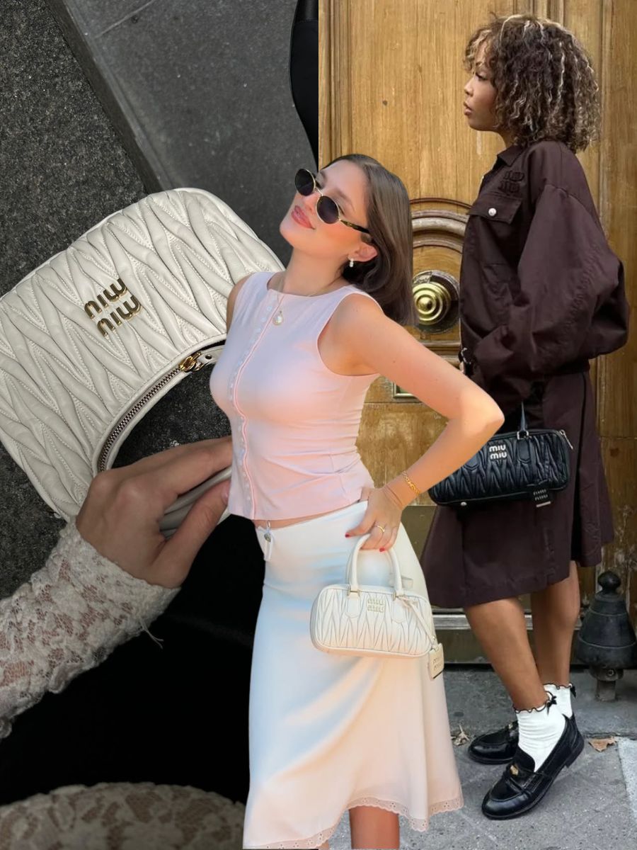Three women carry Miu Miu Matelasse bags