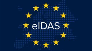 Electronic identification, authentication and trust services - EIDAS on blue European union flag with map