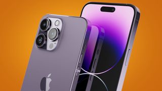 iPhone 14 Pro on an orange background