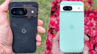 Google Pixel 9 in black and Google Pixel 8a in green 