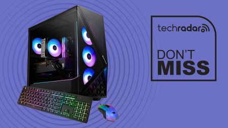 iBUYPOWER Slate Gaming PC Desktop on purple background with TechRadar don't miss sign
