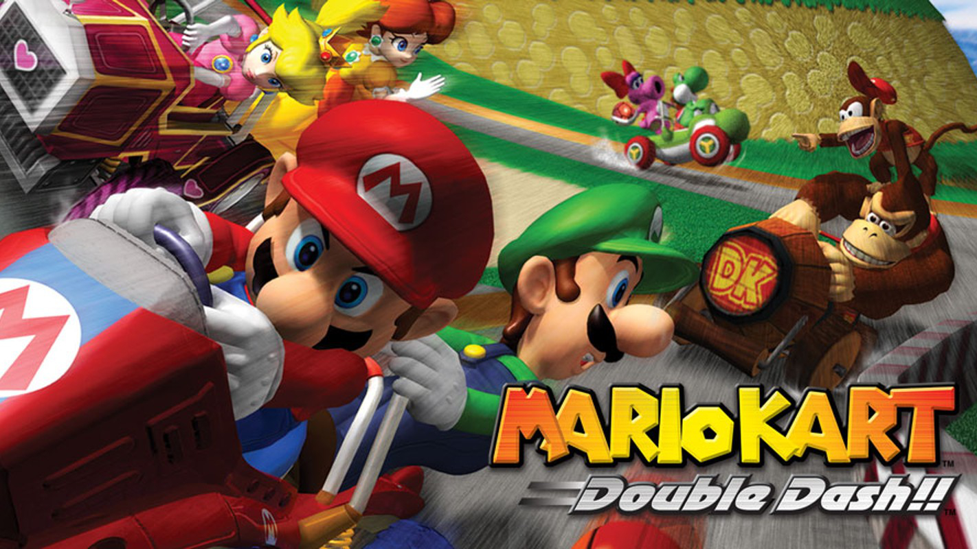Mario characters in cars on race track