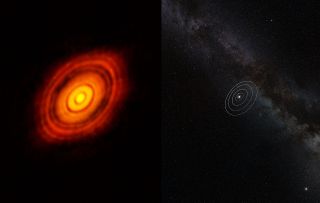 This image compares the size of our own solar system with the young star HL Tau and its protoplanetary disk. Although HL Tau is much smaller than the sun, the star's disk stretches out to nearly three times Neptune's distance from the sun.