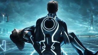 Garrett Hedlund as Samuel "Sam" Flynn carrying the body of Quorra during Tron: Legacy.