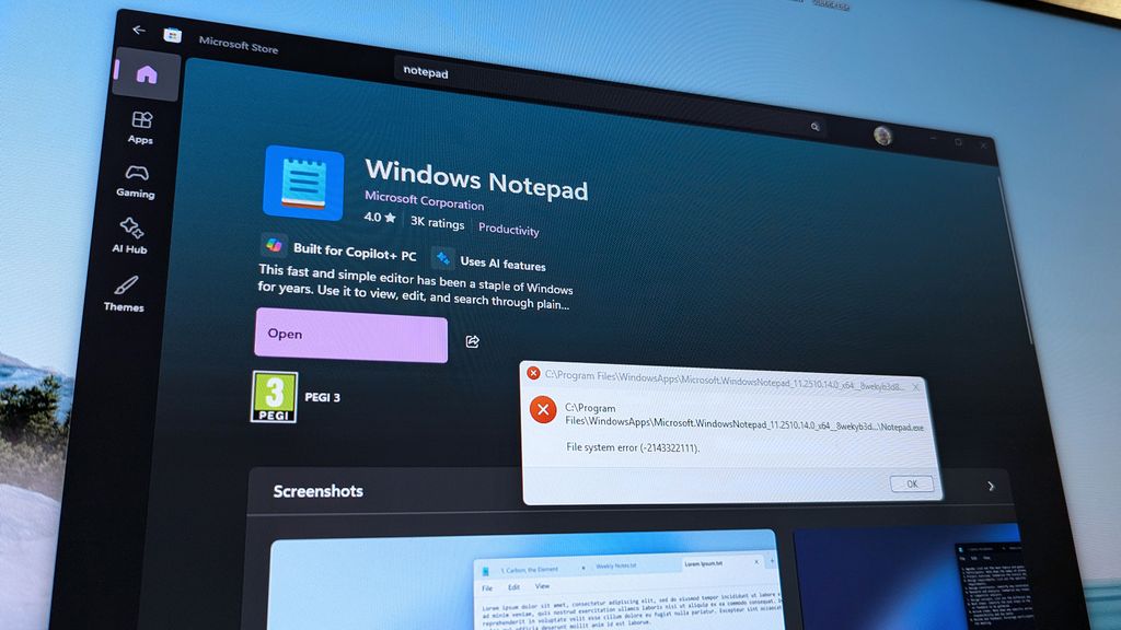 Notepad failing to open on Windows 11