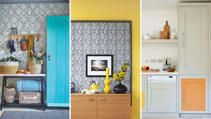 Compilation image to show dopamine decor with a bright blue front door, a yellow painted wall and a beige kitchen with an orange painted kitchen cabinet