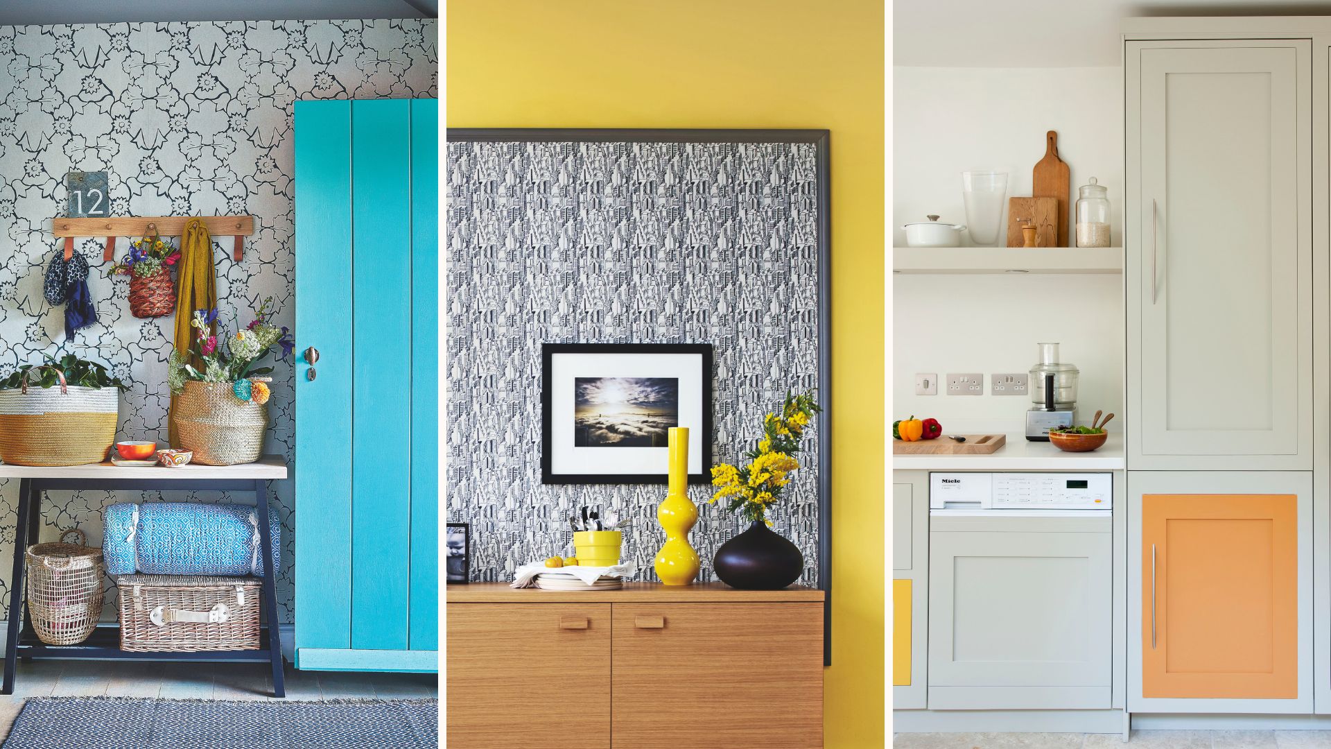 Compilation image to show dopamine decor with a bright blue front door, a yellow painted wall and a beige kitchen with an orange painted kitchen cabinet
