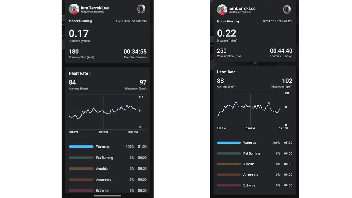 Screenshots from the RingConn app showing two workouts.