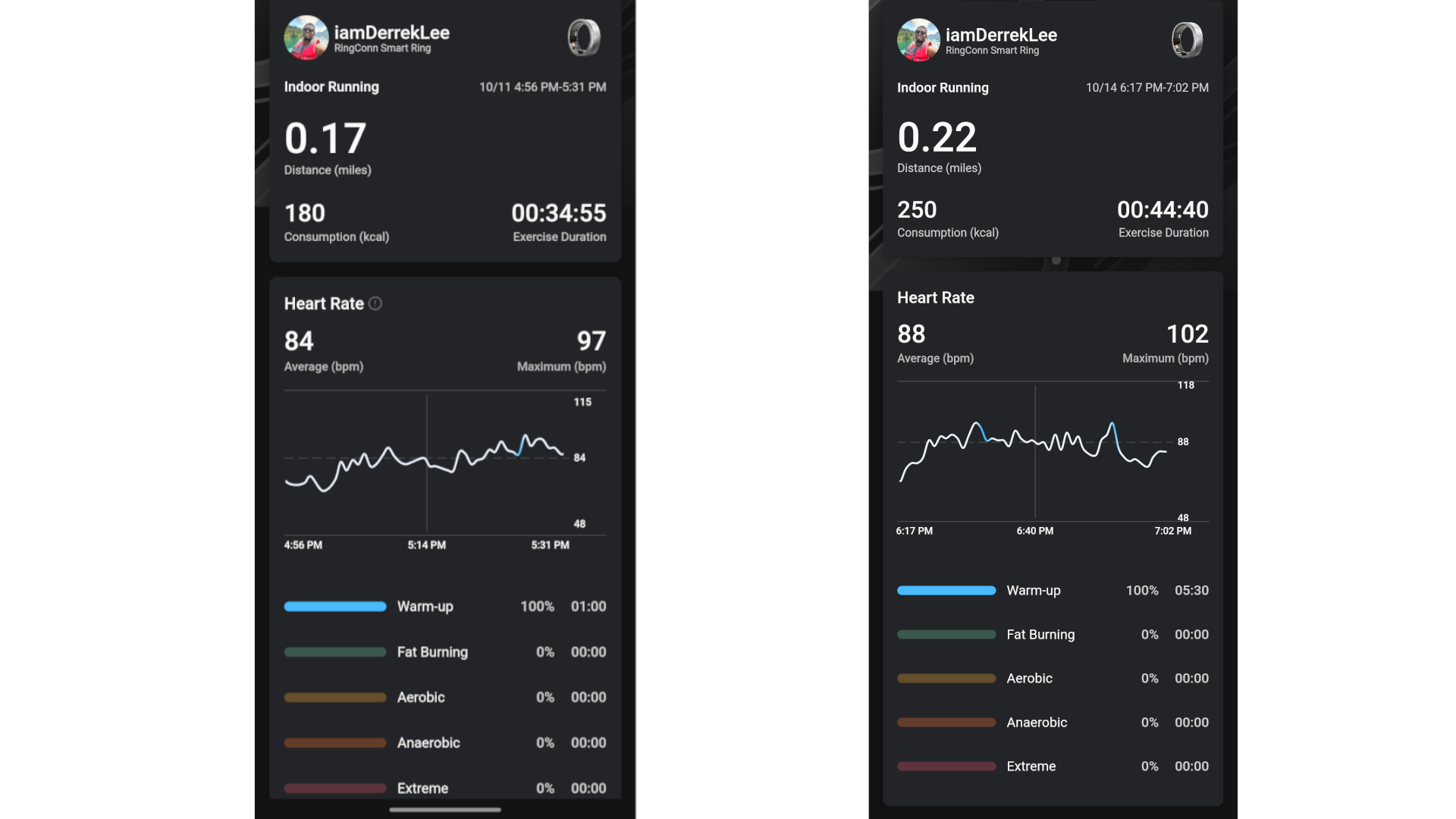 Captures d'écran de l'application RingConn montrant deux entraînements.