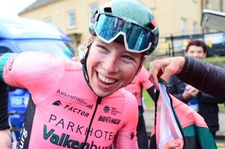 Lorena Wiebes of Team Parkhotel Valkenburg celebrates winning stage 1.