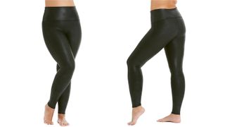 a side-by-side of a woman wearing the Spanx Faux Leather Leggings, one of w&h's best plus-size leggings picks, at two different angles