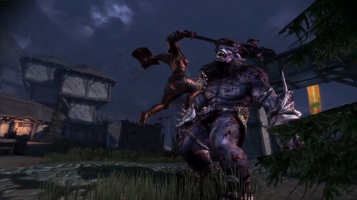 A screenshot showing a person jumping up at a tall enemy with sword out in Dragon Age: Origins - Ultimate Edition.