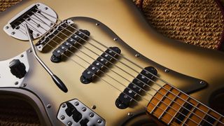 Body and scratchplate detail on the Squier Limited Edition Classic Vibe Bass V