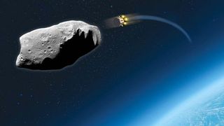 A repurposed telecommunication satellite about to hit an asteroid to safe humankind from extinction.