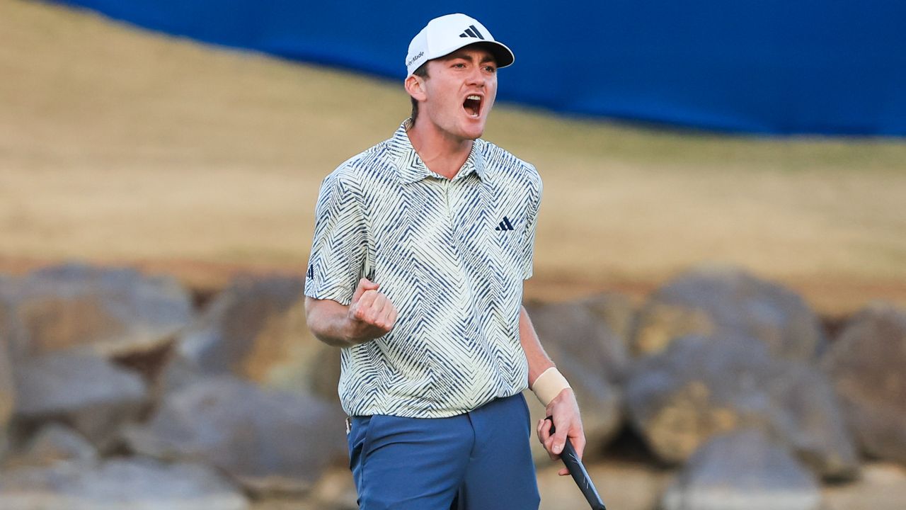 Nick Dunlap celebrates his win at The American Express at La Quinta