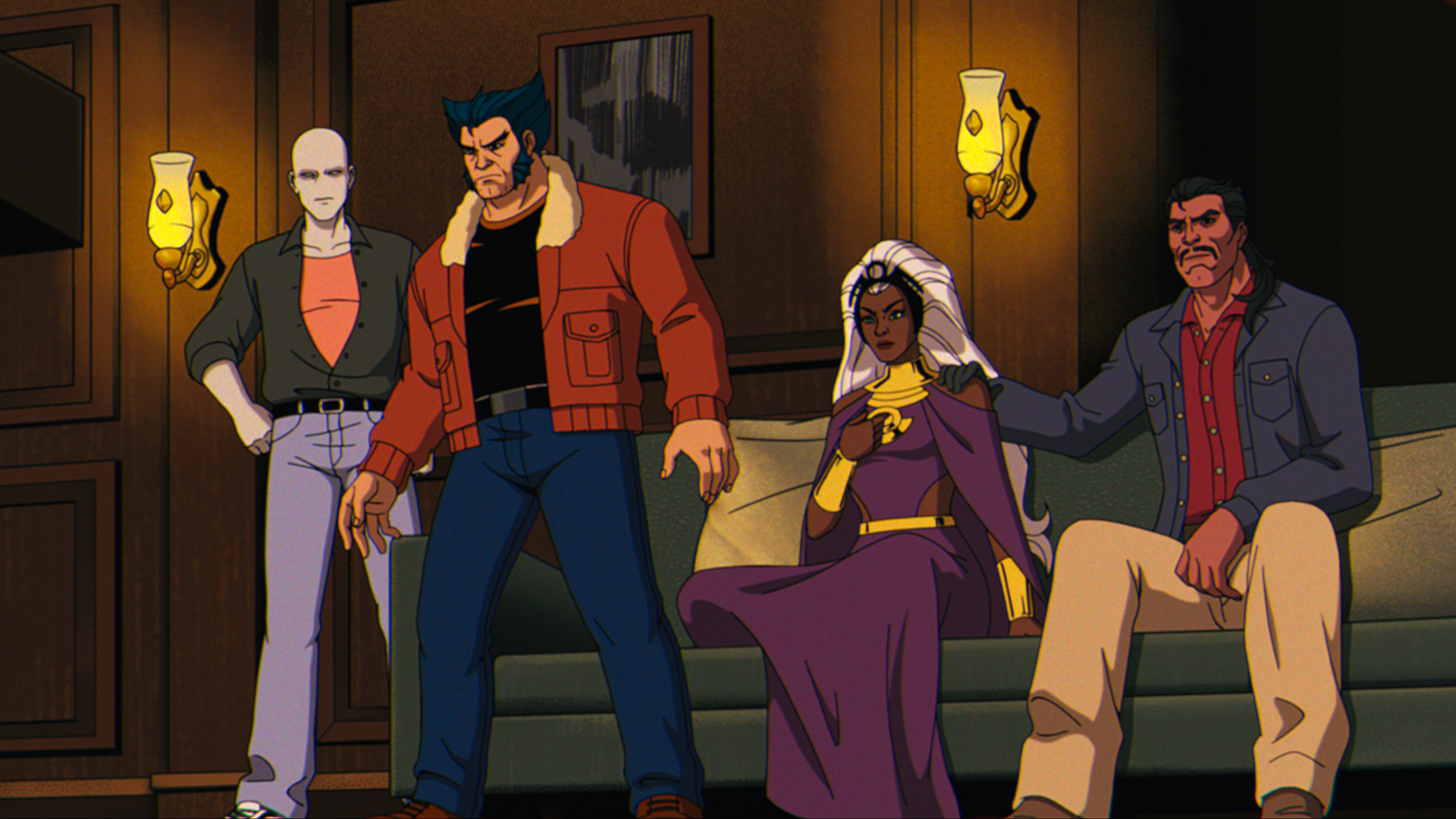 Morph and Wolverine standing as Storm and Forge sit on a couch in X-Men '97 season 2 episode 8